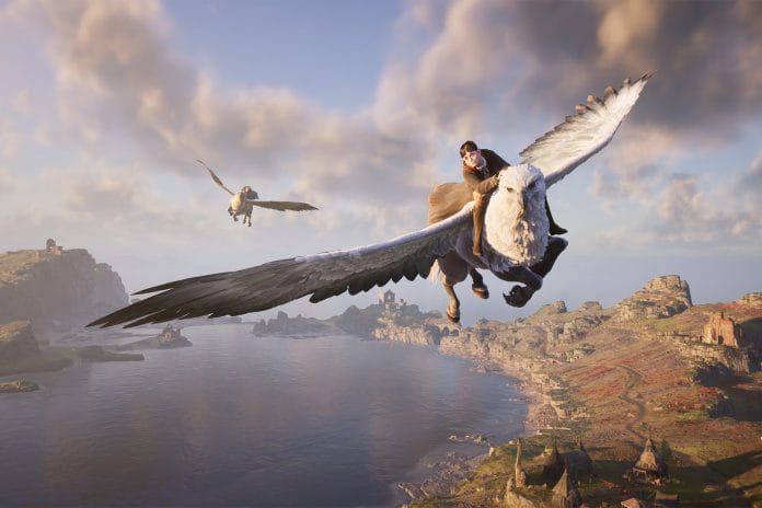 Hogwarts Legacy screen shows two students on Hippogriffs