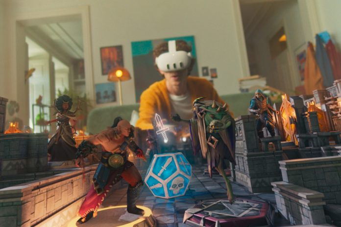 Man wearing Meta Quest 3 headset and playing game