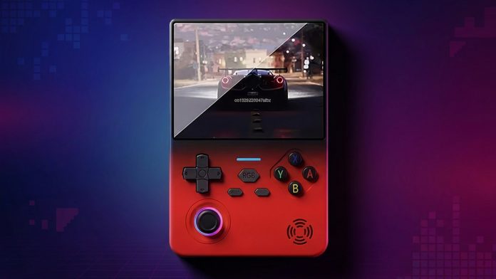 The Lenovo G02 retro gaming handheld with an 80s style background (edited using Gemini)